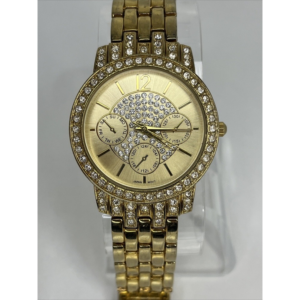 Avon Women's Watch Swarovski Crystal Pave Dial Gold 6.75" Band- New Battery